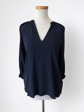 Gant Navy V-Neck Blouse Minimal Classic Workwear Top 2